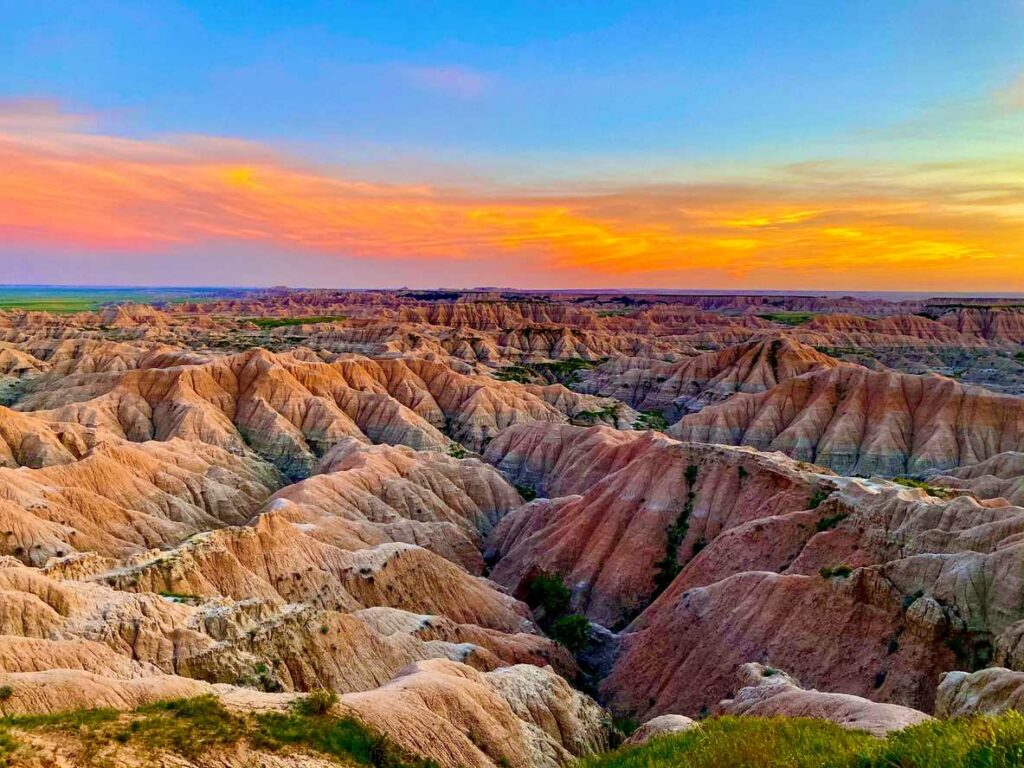 Badlands National Park in South Dakota at sunset.